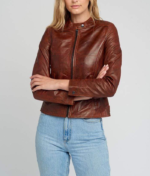 Jessy Brown Cafe Race Stand Collar Leather Jacket