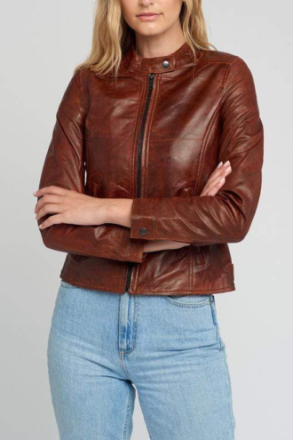 Jessy Brown Cafe Race Stand Collar Leather Jacket