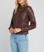Hayley Brown Quilted Cafe Racer Leather Jacket