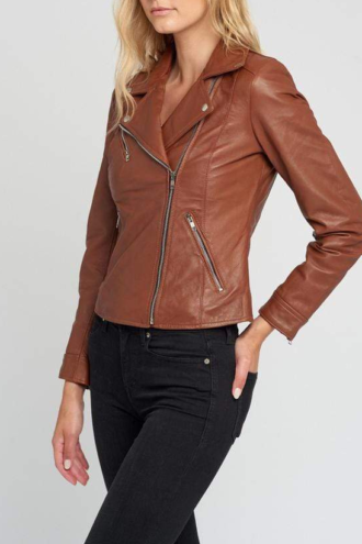 Liza Brown Notch Collar Leather Jacket