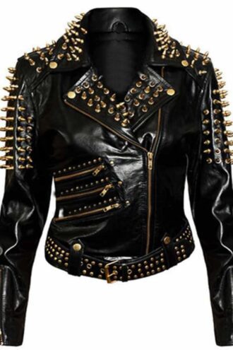 Women Gold Studded Biker Fashion Black Leather Jacket