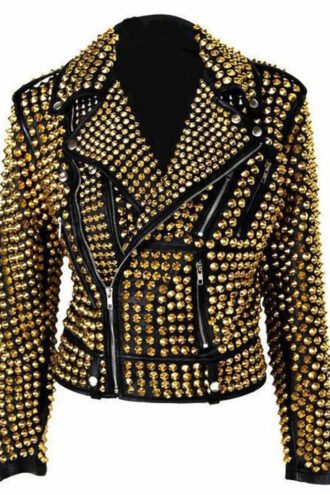 Women Golden Studded Heavy Metal Leather Jacket