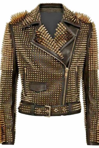 Women Golden Studded Spikes Leather Jacket