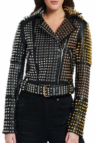 Women Punk Rock Black Leather Golden Silver Studded Leather Jacket