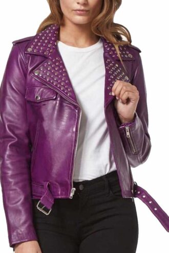 Women Purple Leather Studded Biker Fashion Jacket