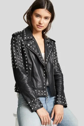 Womens Black Studded Leather Jacket – Biker Style Leather Jacket