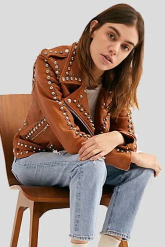 Women’s Studded Tan Leather Biker Jacket