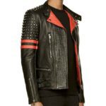 Mens Designer Black And Red Studded Rider Leather Jacket