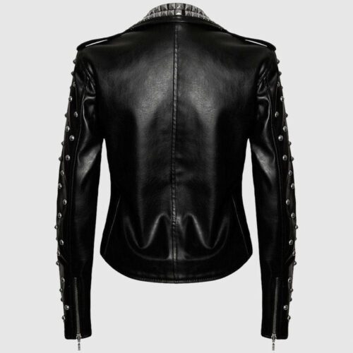 Women Black Brando Leather Jacket With Silver Studs