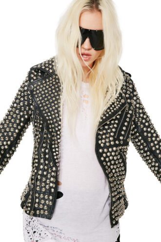 Women Rock Star Silver Studded Leather Jacket
