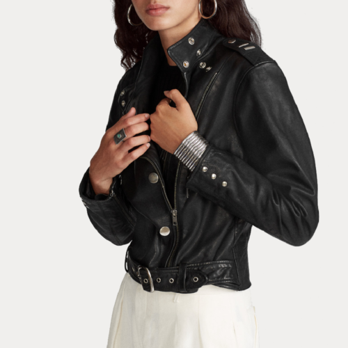 Women’s Black Belted Sheepskin Motorcycle Leather Jacket