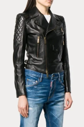 Womens Quilted Black Leather Moto Biker Jacket