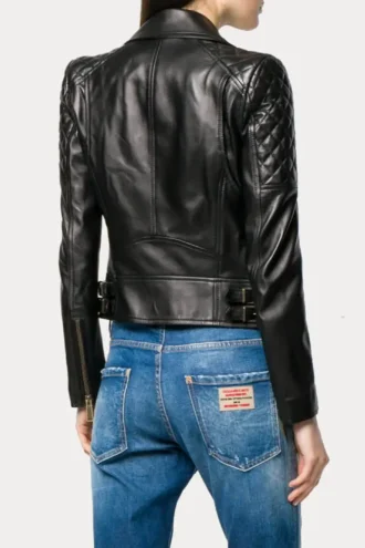 Womens Quilted Black Leather Moto Biker Jacket