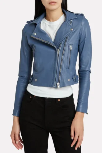Womens Blue Slim Fit Motorcycle Leather Jacket