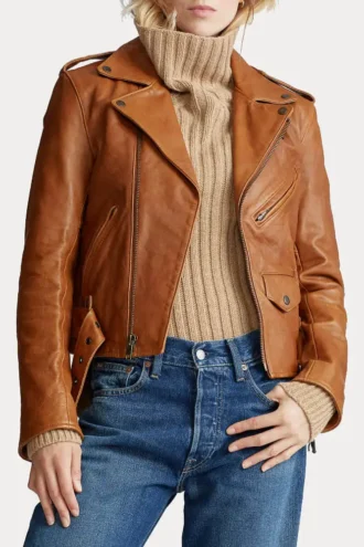 Womens Brown Sheepskin Moto Geniune Leather Jacket