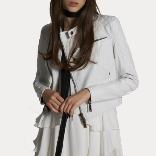 Womens White Kiodo Quilted Leather Jacket