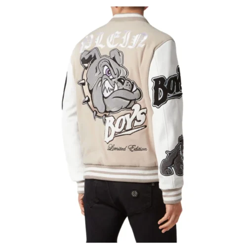 PHILIPP PLEIN WOOLEN CLOTH COLLEGE BOMBER WITH LEATHER ARMS BULLDOGS