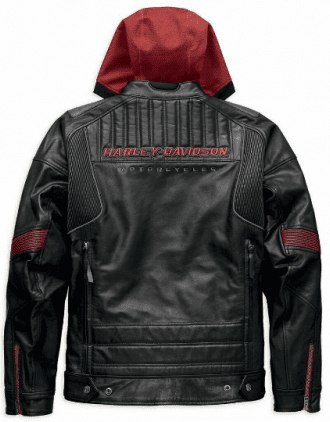 DONHILL HOODIE DISTRESSED HARLEY DAVIDSON MEN’S BLACK & RED BIKER MOTORCYCLE GENUINE LEATHER JACKET