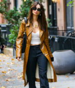 Emily Ratajkowski Brown Leather Coat