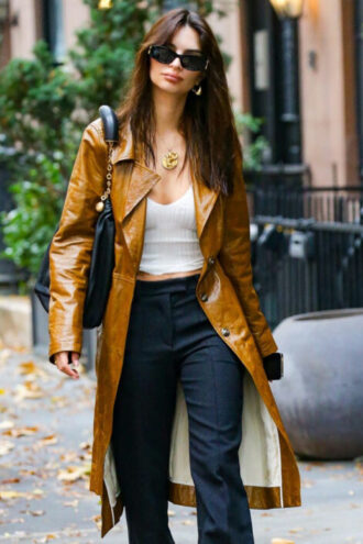 Emily Ratajkowski Brown Leather Coat