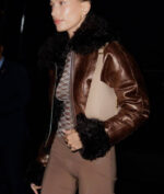 Hailey Bieber Brown Leather Jacket