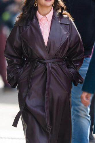 Selena Gomez Burgundy Leather Coat