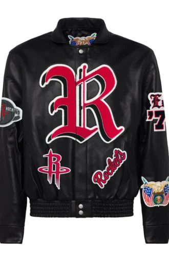 HOUSTON ROCKETS FULL LEATHER OLD ENGLISH JACKET Black