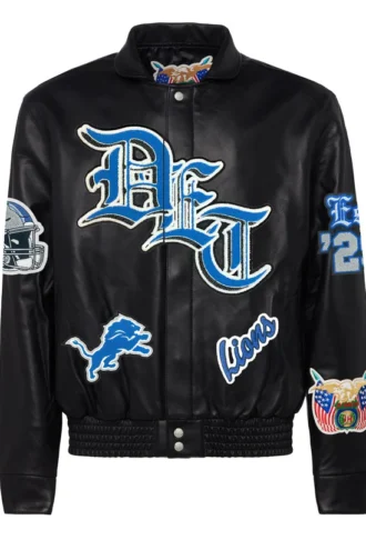 DETROIT LIONS FULL LEATHER OLD ENGLISH JACKET Black