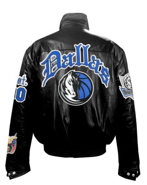 Dallas Mavericks Full Leather Puffer Old English Jacket in sleek black. Crafted from premium quality leather, this jacket exudes luxury and sophistication