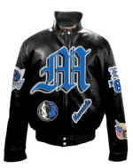 Dallas Mavericks Full Leather Puffer Old English Jacket in sleek black. Crafted from premium quality leather, this jacket exudes luxury and sophistication