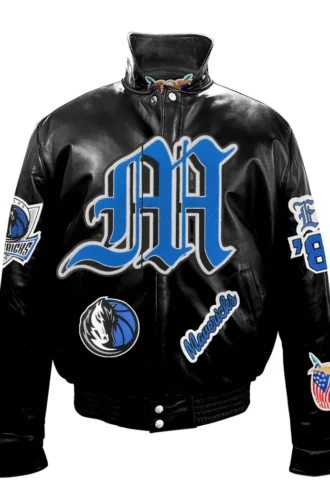 Dallas Mavericks Full Leather Puffer Old English Jacket in sleek black. Crafted from premium quality leather, this jacket exudes luxury and sophistication