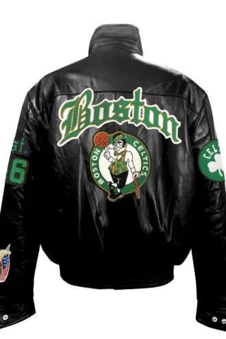 BOSTON CELTICS FULL LEATHER PUFFER OLD ENGLISH JACKET Black