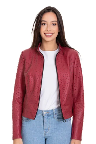 The Comly Burgundy Ostrich Leather Women Jacket