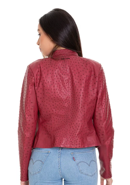 The Comly Burgundy Ostrich Leather Women Jacket