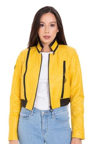 Comly Yellow Ostrich Leather Women Jacke