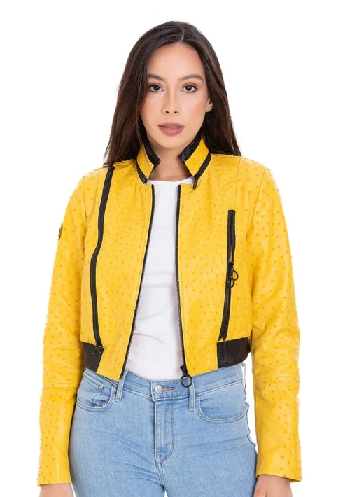 Comly Yellow Ostrich Leather Women Jacke