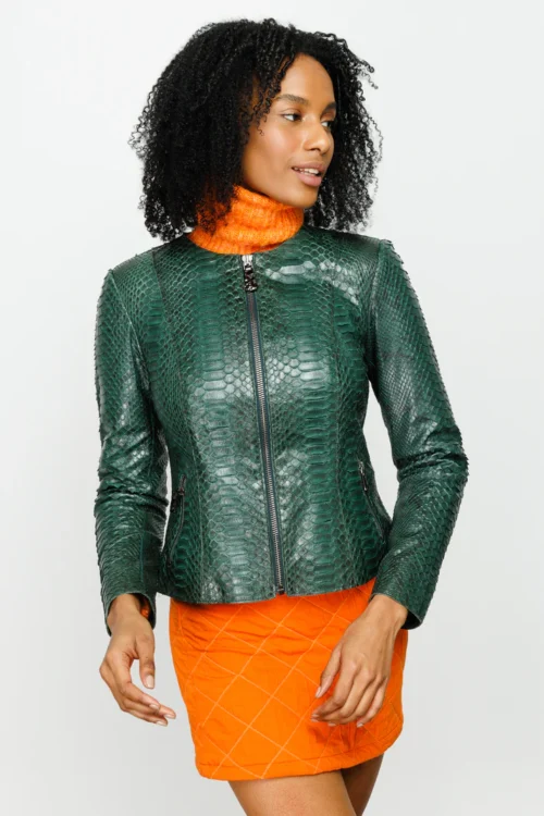 The Mekke Pythn Skin Leather Jacket Gree