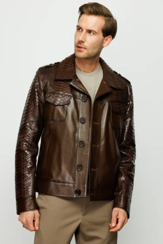 The Manteca Pythn Skin Brown Leather Men Jacke