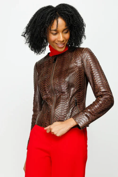 The Mekke Pythn Skin Leather Jacket Brown