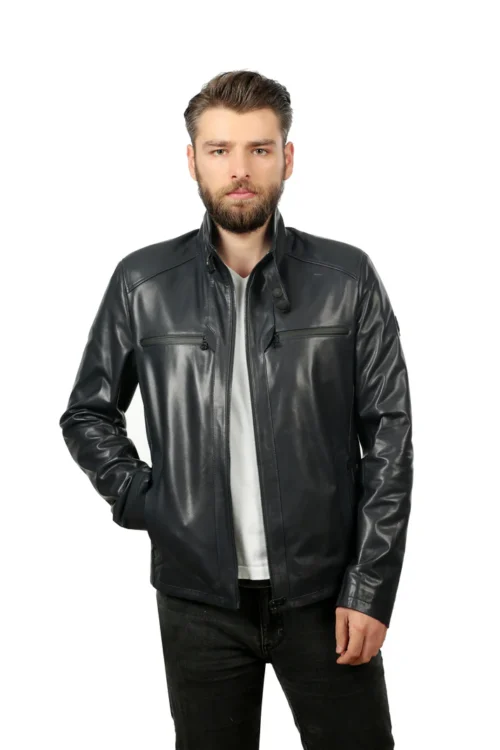 The Leroy Navy Blue Leather Men Jacke