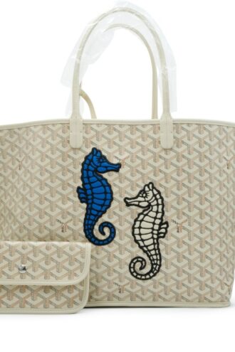 Sand Goyardine Canvas and Chevroches Calfskin Seahorse Embroidery Anjou PM Tote, 2024